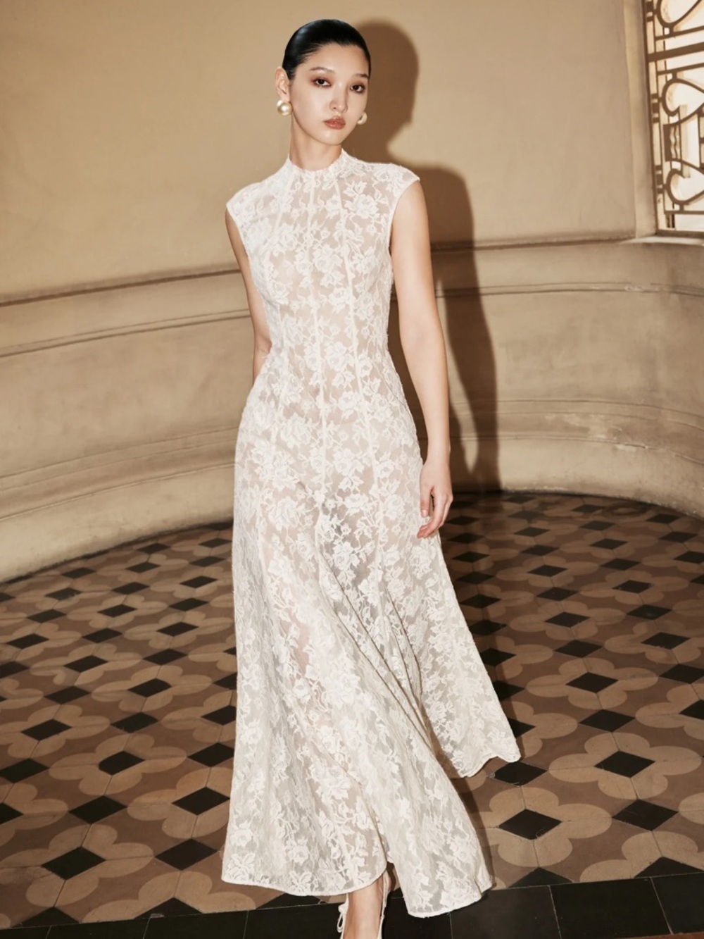 Sloane Dress — Fitted Flare Cream Lace Maxi Dress with High Neck